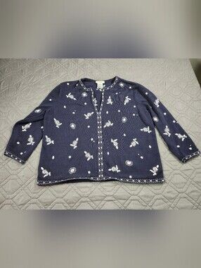Y2K vintage Talbots navy blue cardigan white embroidered floral Size XL